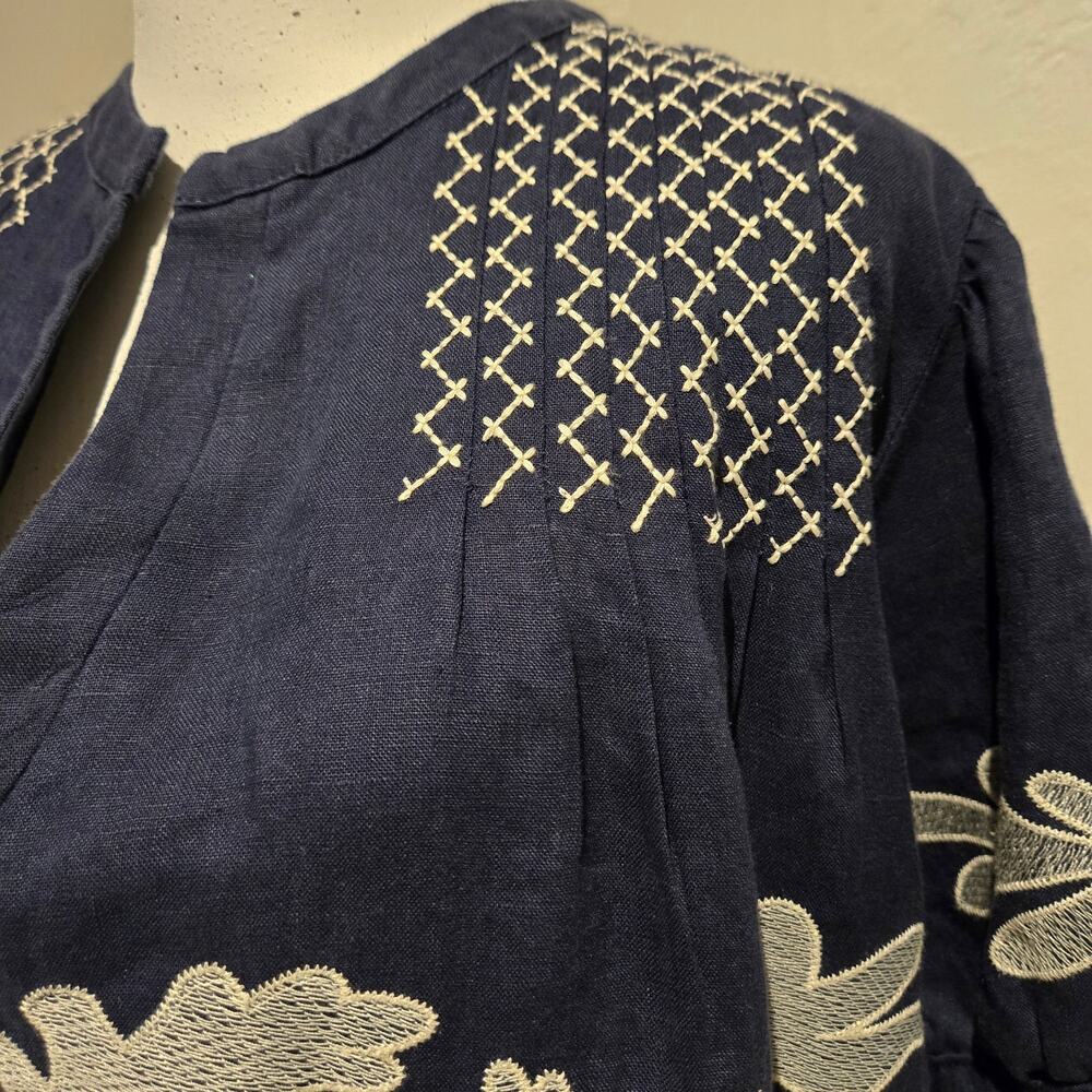 MAR Brazil Navy 100% Linen Embroidered Midi Shift Dress L Boho Mediterranean - Picture 5 of 10